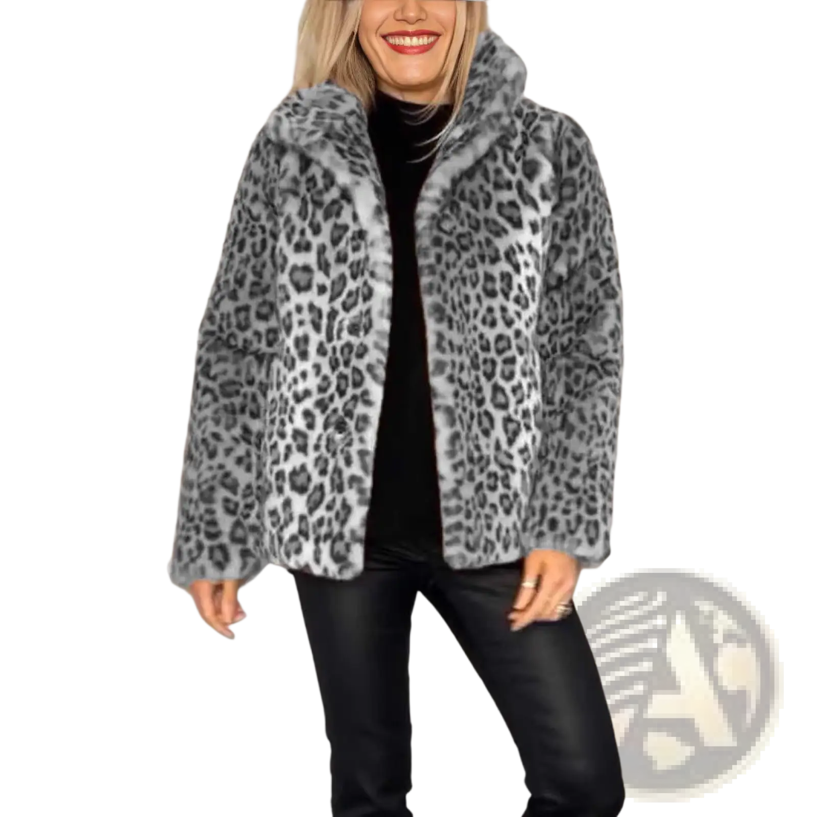 A cozy gray and black leopard print faux fur hooded woolen coat perfect for cold weather wear