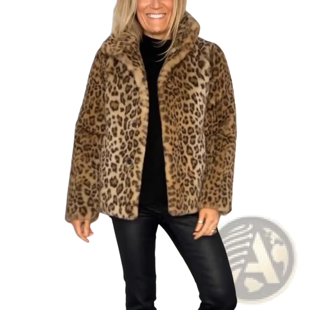 Cozy leopard print faux fur hooded woolen coat with plush hood and soft texture for warmth and style