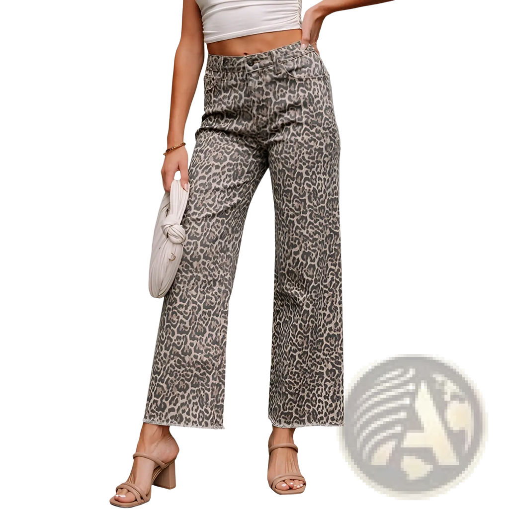 Leopard print high waist frayed jeans with a muted gray and black pattern and wide-leg design