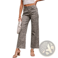 Leopard print high waist frayed jeans with a muted gray and black pattern and wide-leg design
