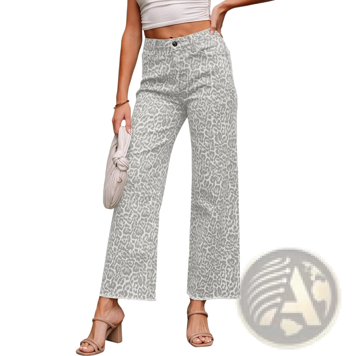 Leopard print high waist frayed jeans featuring light gray wide-leg fabric with a subtle leopard pattern