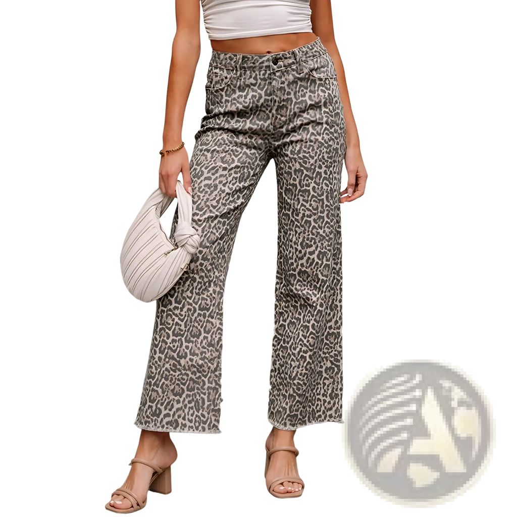 Leopard print high waist frayed jeans featuring gray and black cropped denim with a leopard pattern