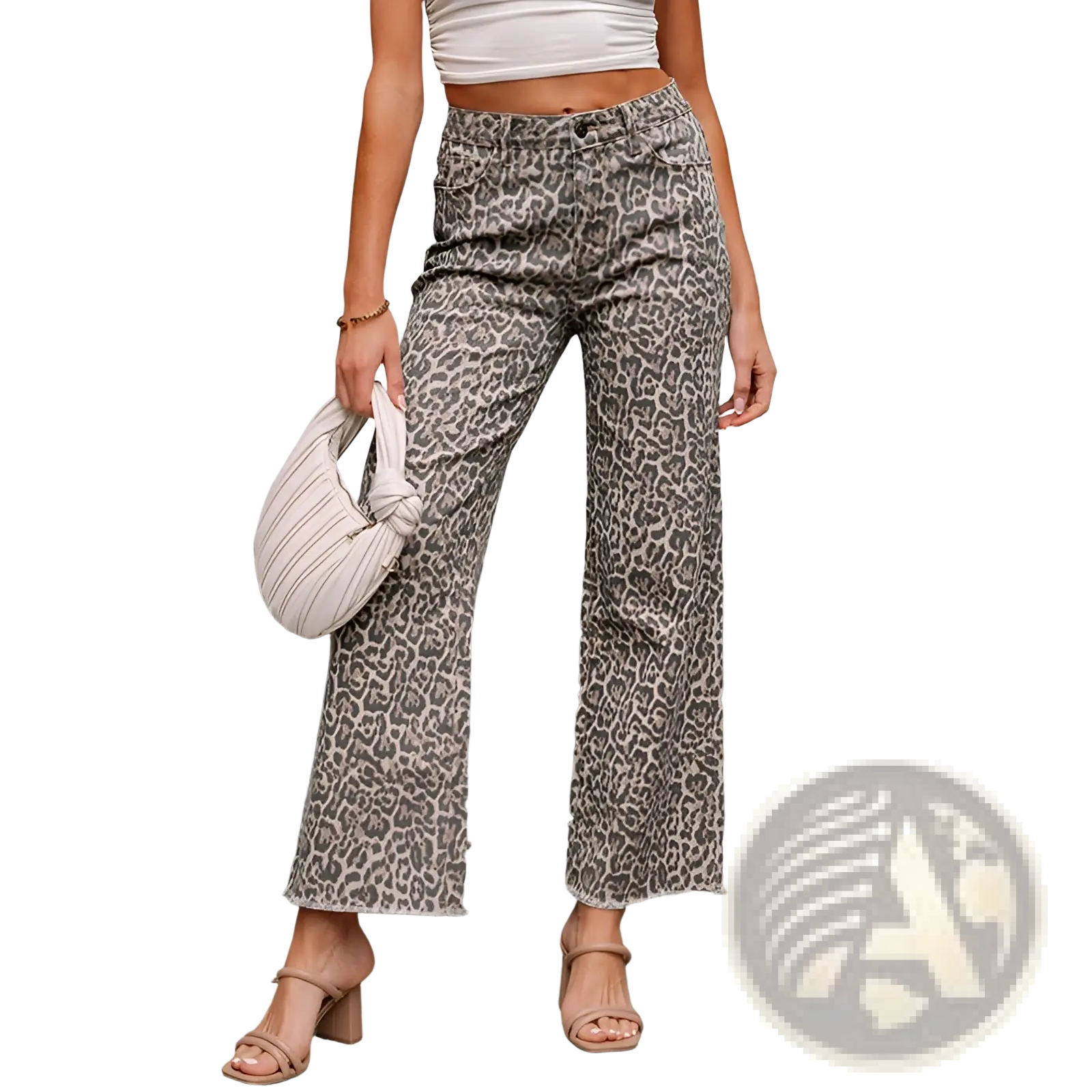 Leopard print high waist frayed jeans featuring gray and black cropped denim with a leopard pattern