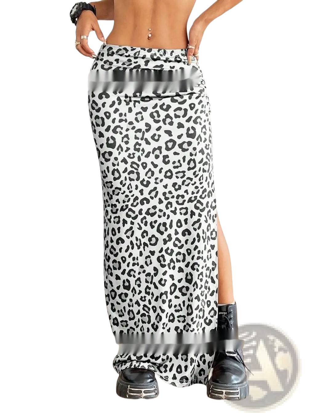 A black and white leopard print high waisted maxi skirt with a side slit and flowing fabric