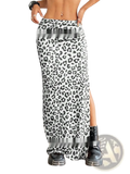 A black and white leopard print high waisted maxi skirt with a side slit and flowing fabric