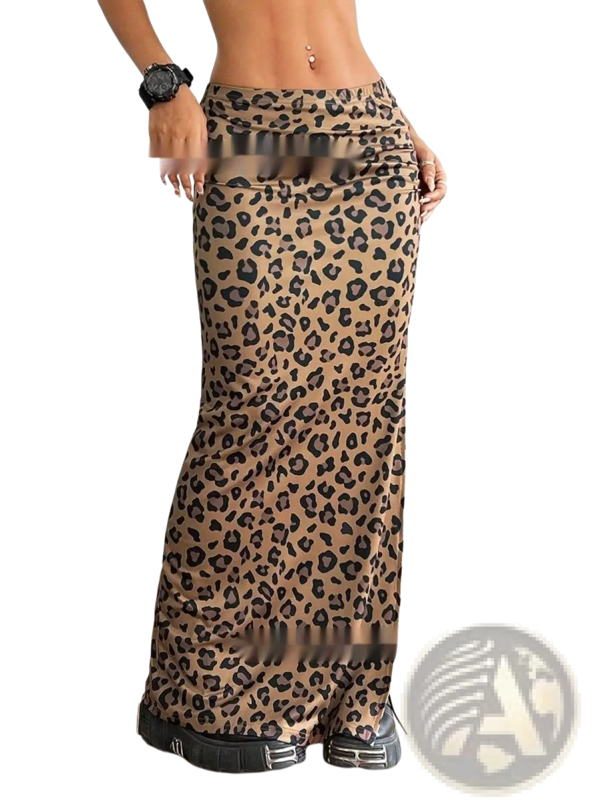 A tan and black leopard print high waisted side slit maxi skirt with a fitted design in soft fabric