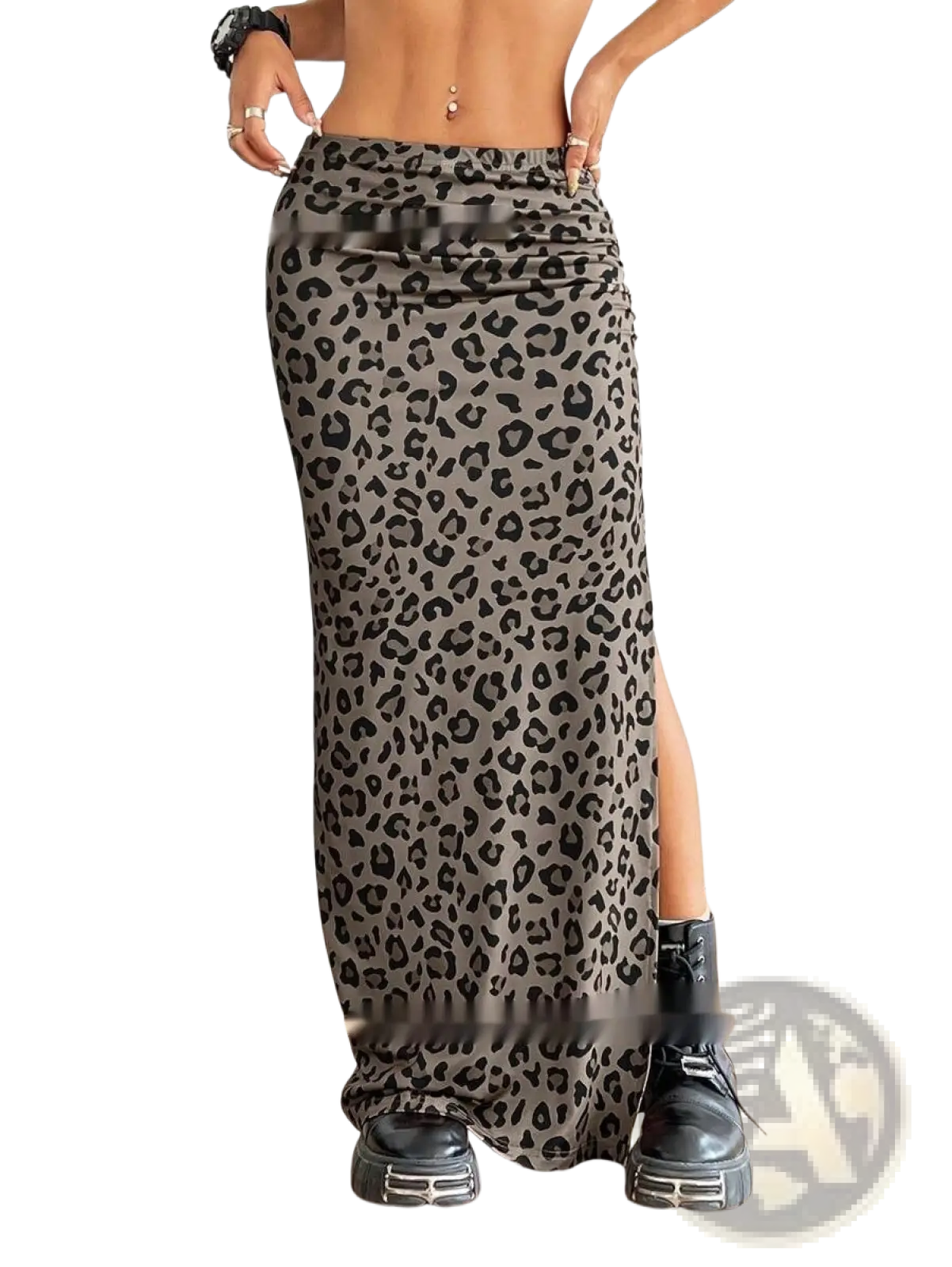 A high-waisted gray and black leopard print maxi skirt with a side slit in full-length design