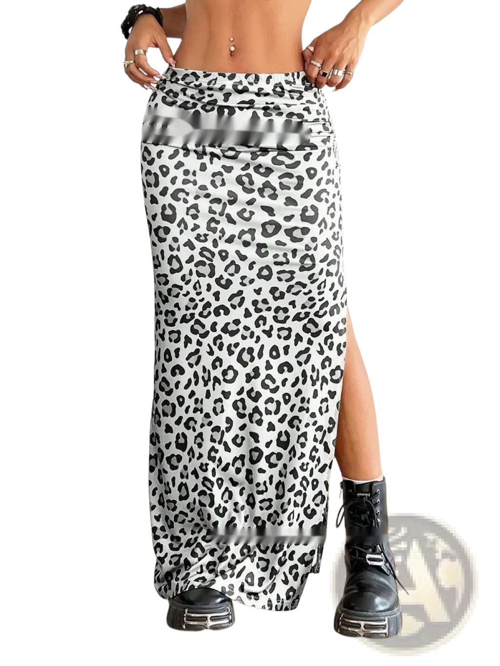 A flowing white and black leopard print high waisted maxi skirt with side slit and elasticated waistband