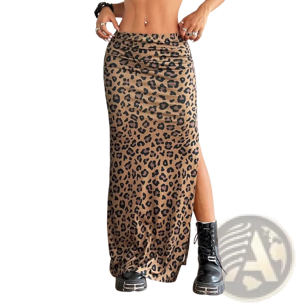A tan leopard print high waisted maxi skirt with a side slit made from lightweight fabric for stylish wear