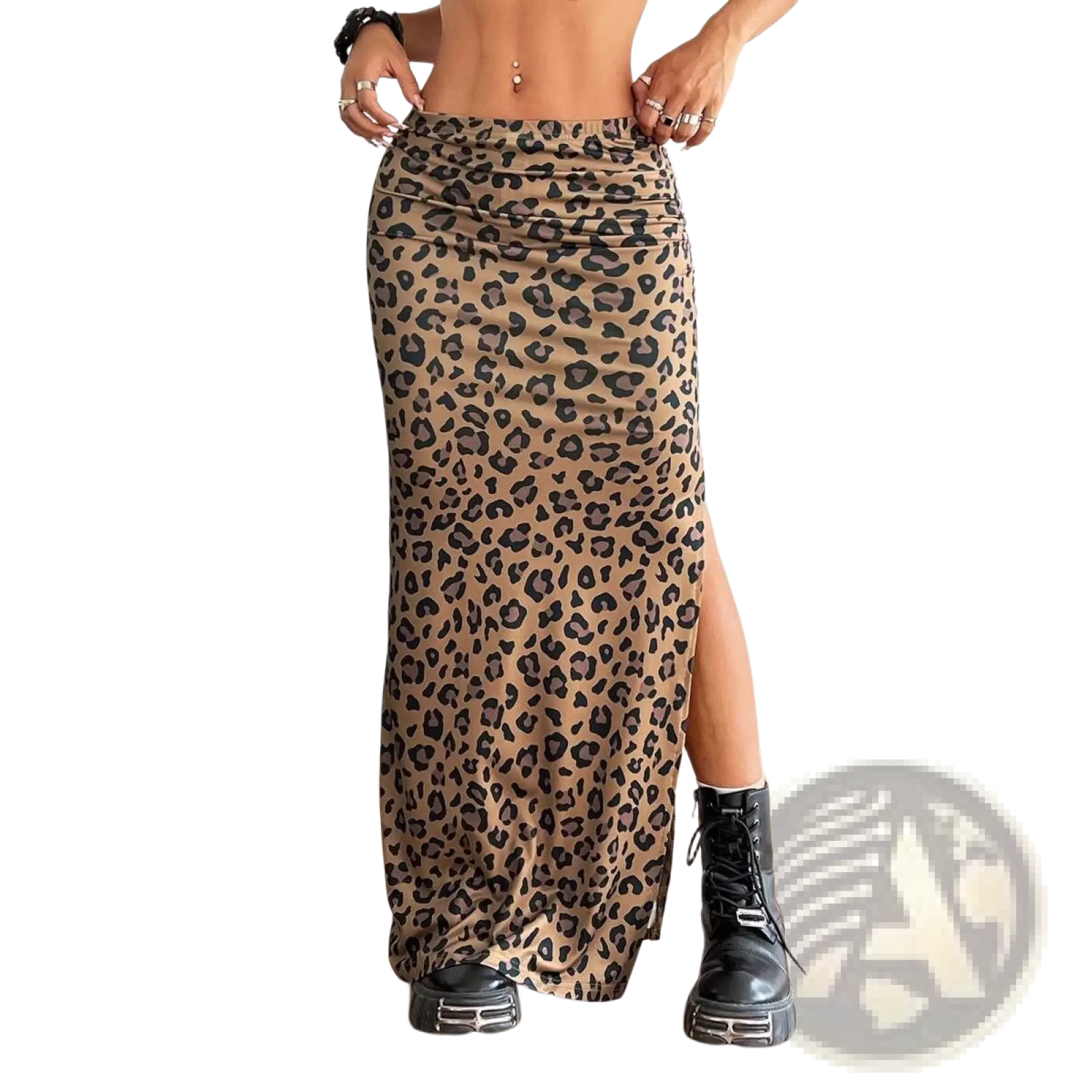 A tan leopard print high waisted maxi skirt with a side slit made from lightweight fabric for stylish wear