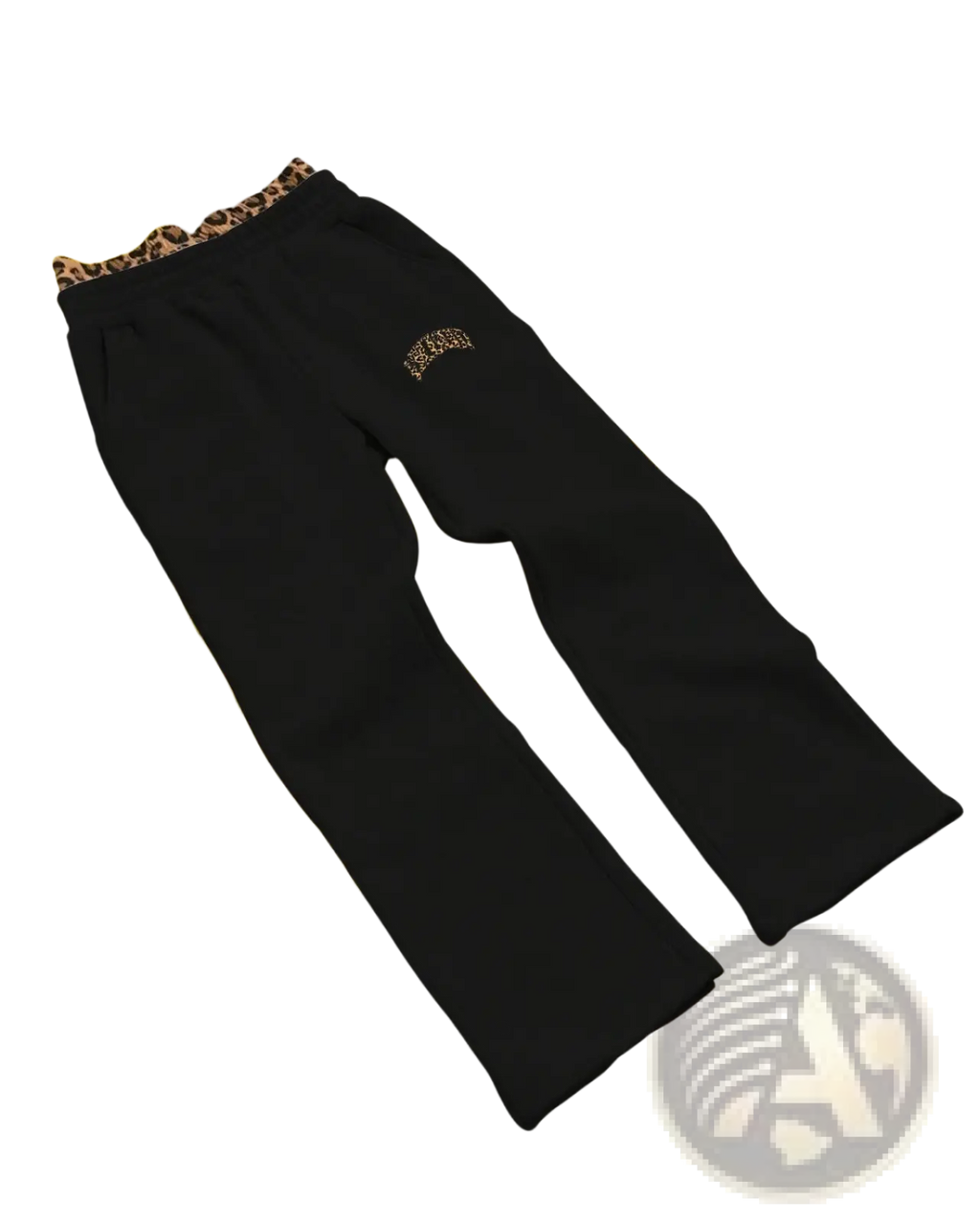 Black flared sweatpants with leopard print waistband and embroidered logo part of leopard print hoodie and sweatpants set