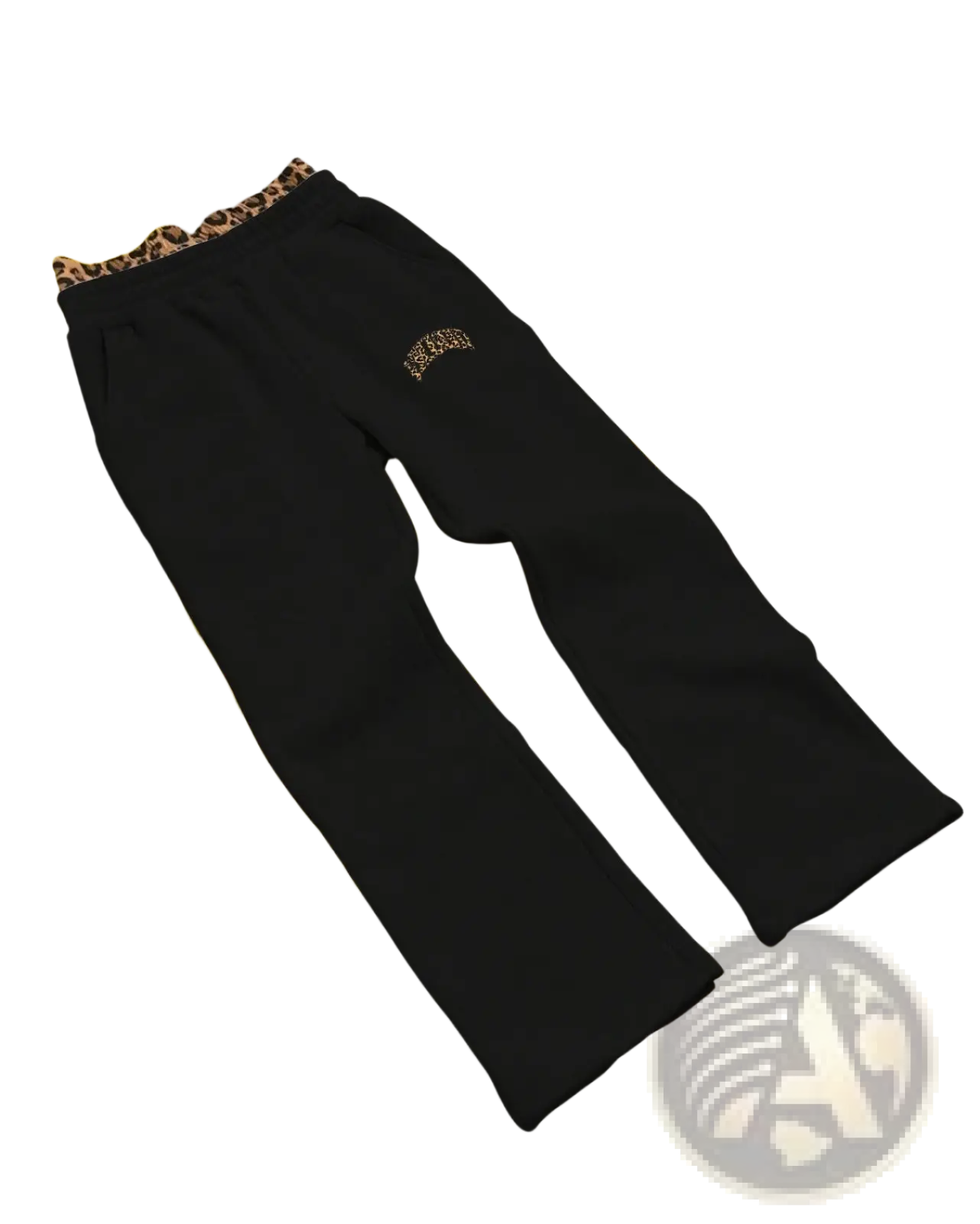 Black flared sweatpants with leopard print waistband and embroidered logo part of leopard print hoodie and sweatpants set