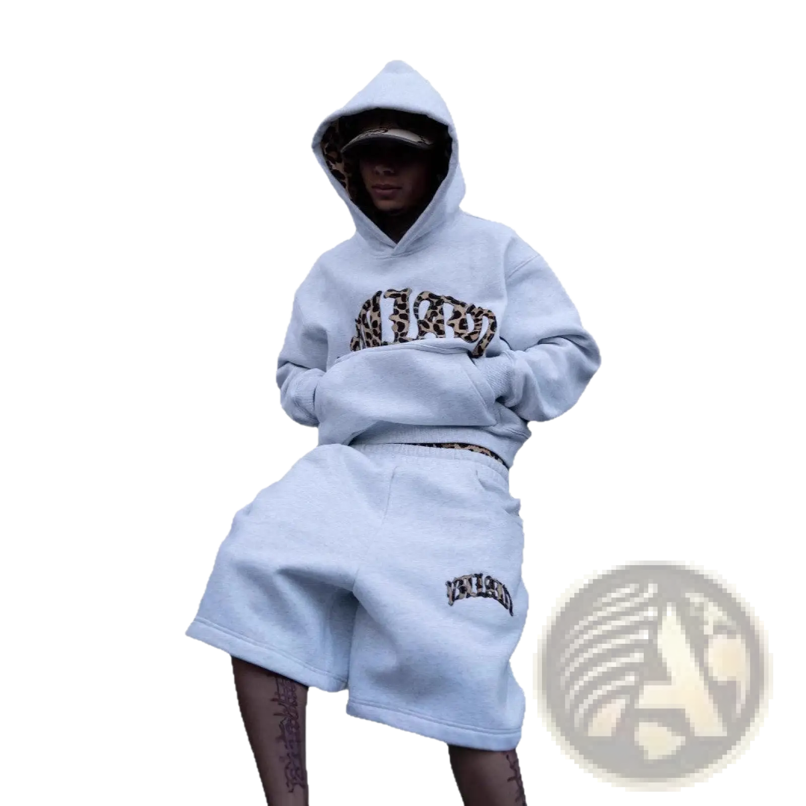 Light blue leopard print hoodie and matching shorts set with embroidered logo on left leg in comfortable fabric