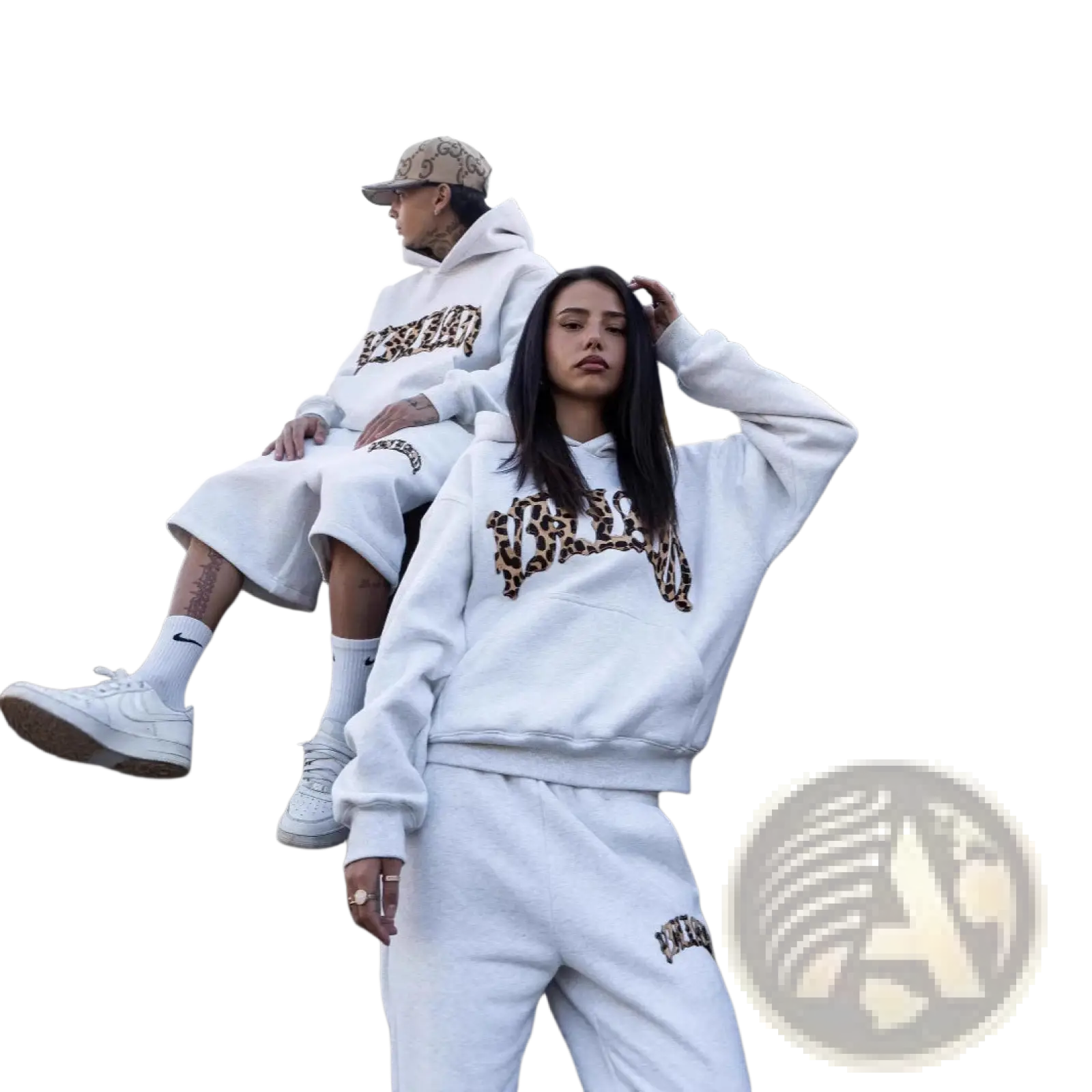 White leopard print lettering hoodie and matching sweatpants set made of comfortable fabric for casual wear