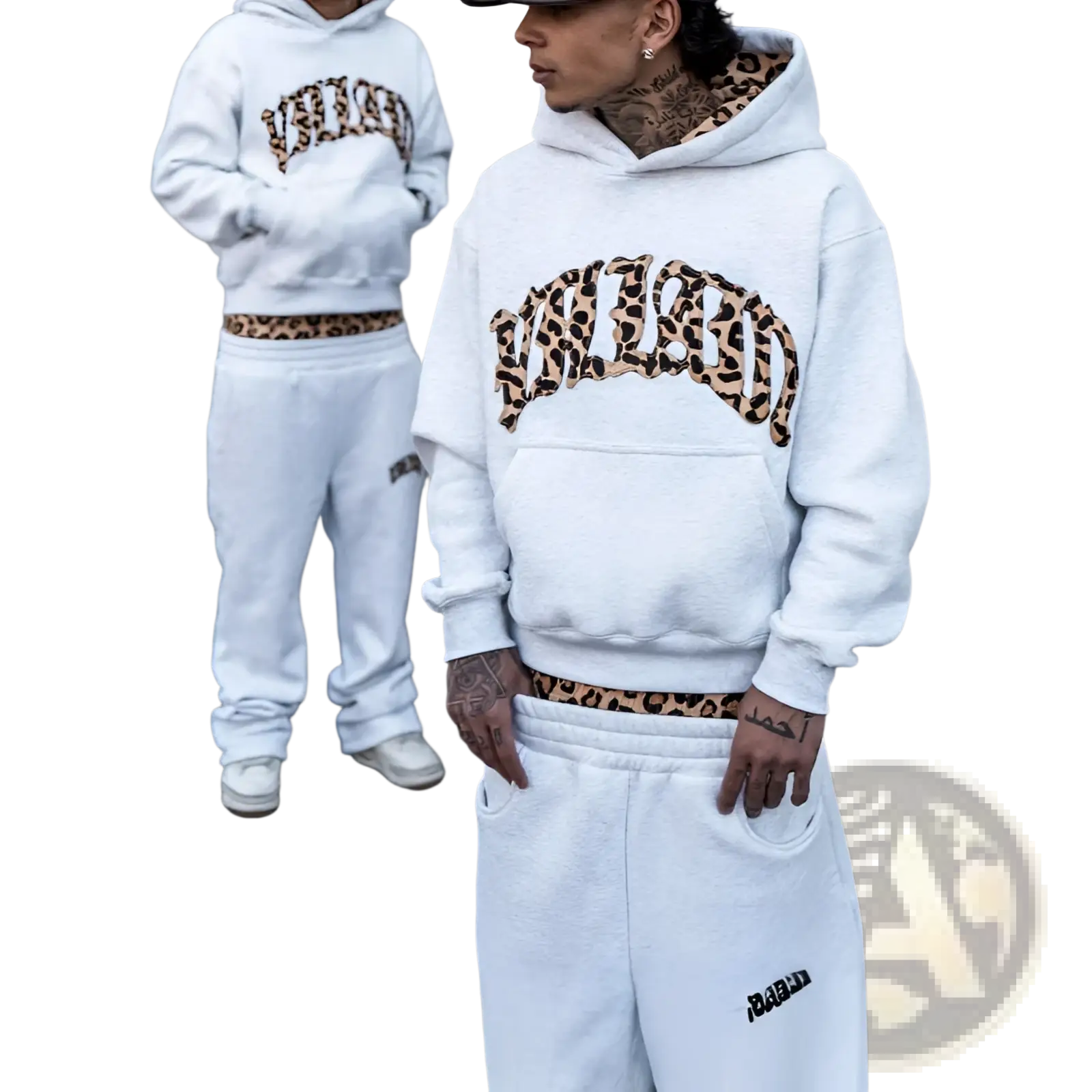 White hoodie with leopard print lettering and matching waistband part of leopard print hoodie and sweatpants set