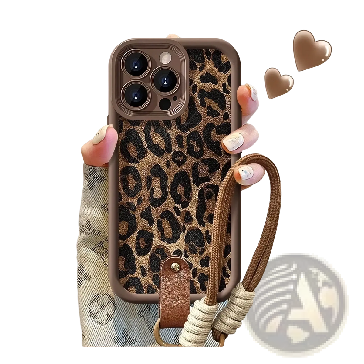 Leopard print phone case with brown edges and matching braided wrist strap shown from the back side