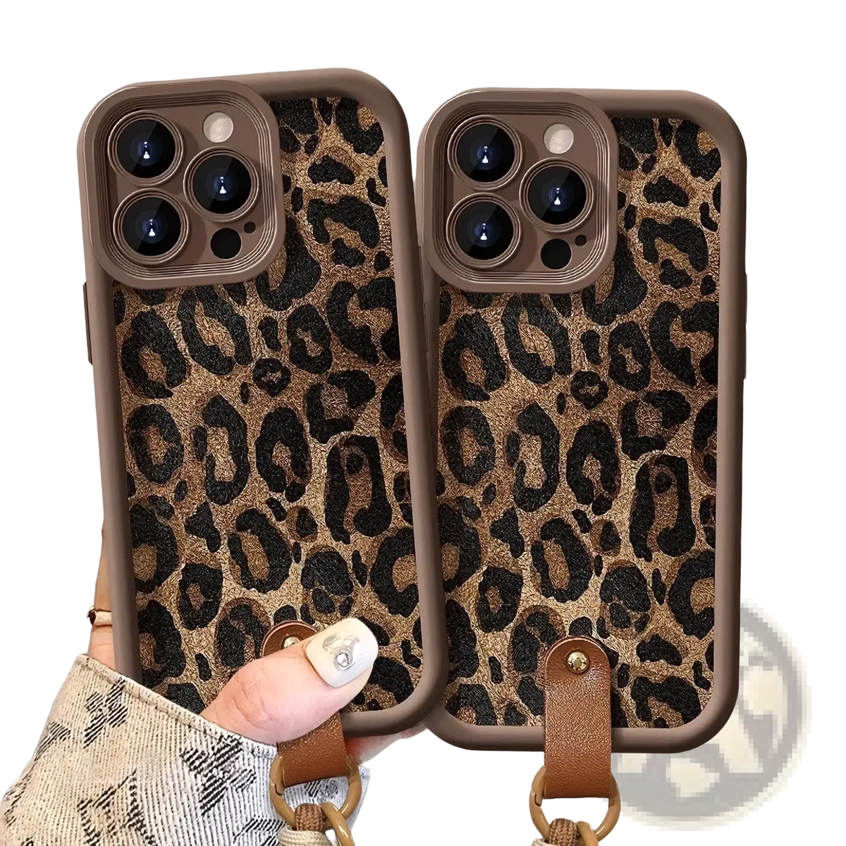 Leopard print phone case with lanyard featuring brown and black pattern, tan leather strap, and matching camera cutout back view