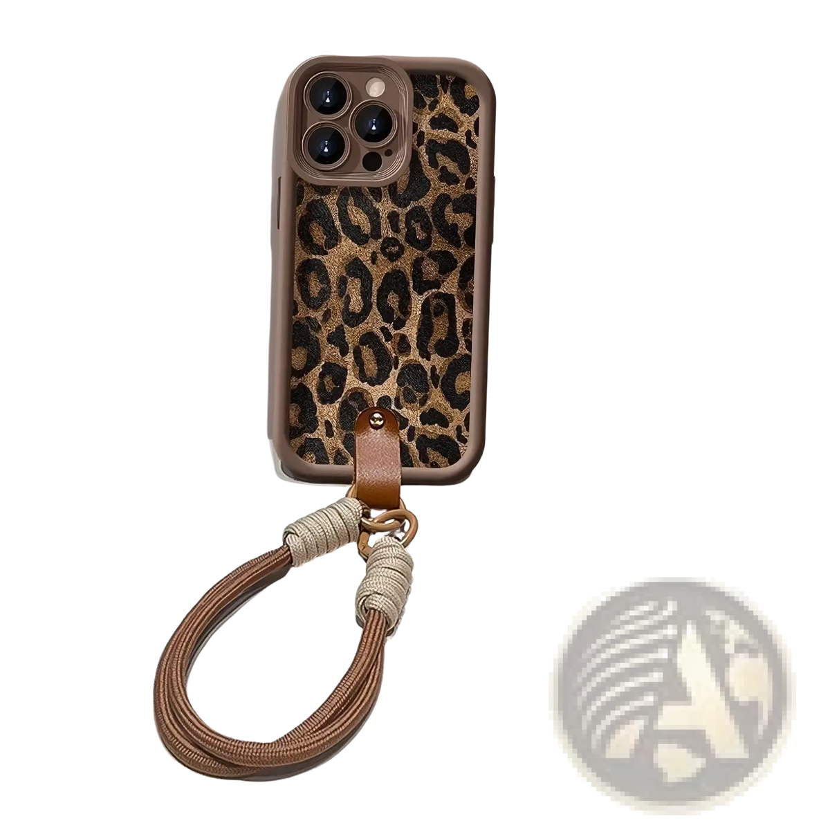 Leopard print phone case with brown leather strap and braided cord shown from the back side
