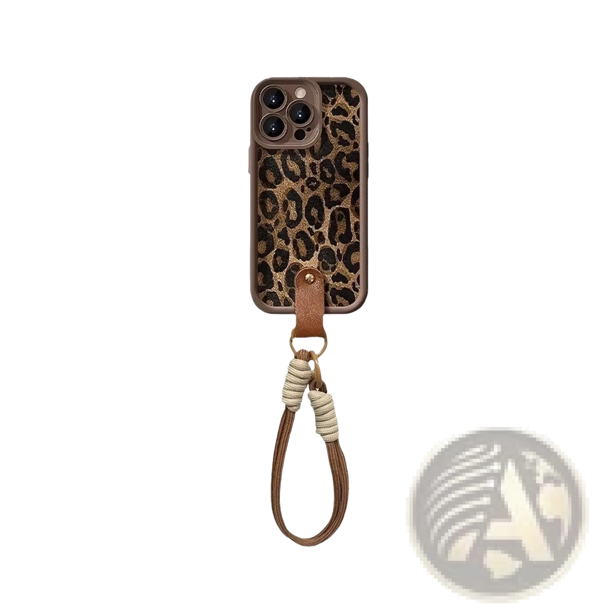 Leopard print phone case with brown leather strap and braided cord shown from the back side