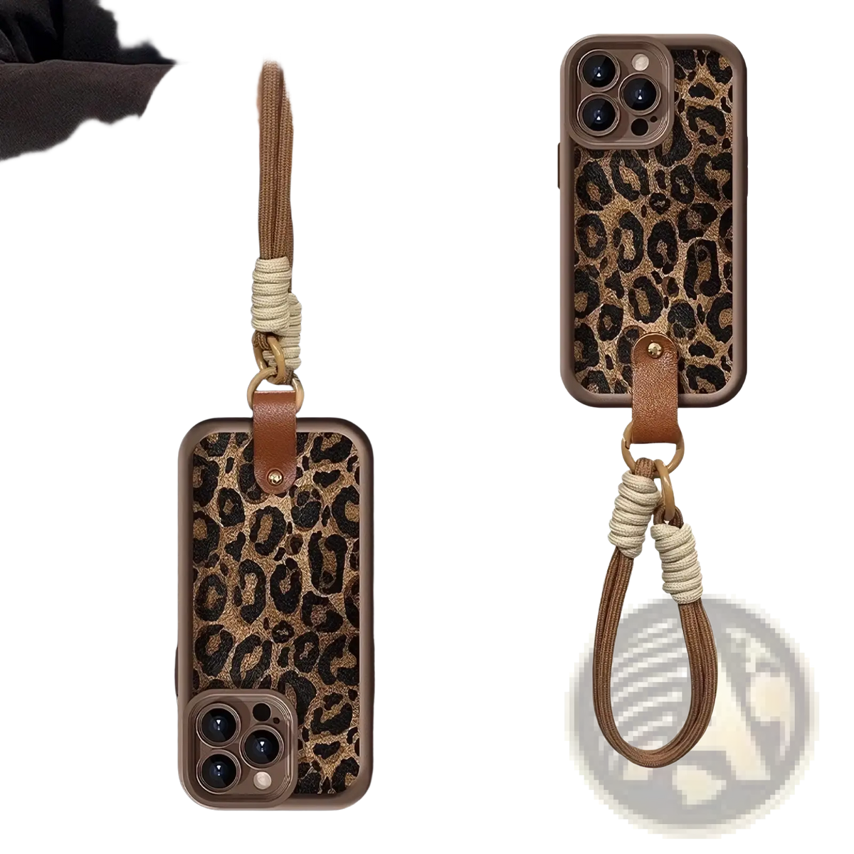 Leopard print phone case with brown leather strap and braided cord shown from the back side