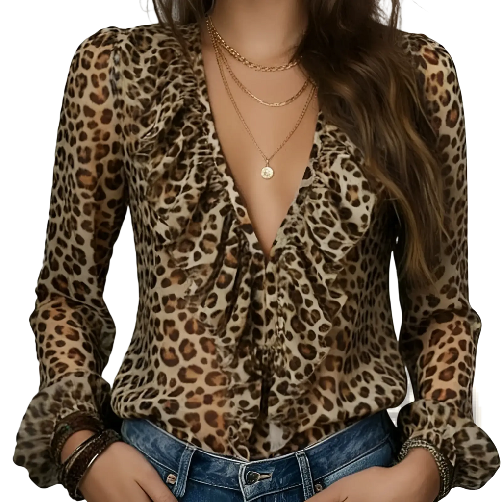 Leopard print ruffled v-neck blouse with long sleeves and ruffled detailing in a stylish leopard pattern