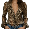 Leopard print ruffled v-neck blouse with long sleeves and ruffled detailing in a stylish leopard pattern