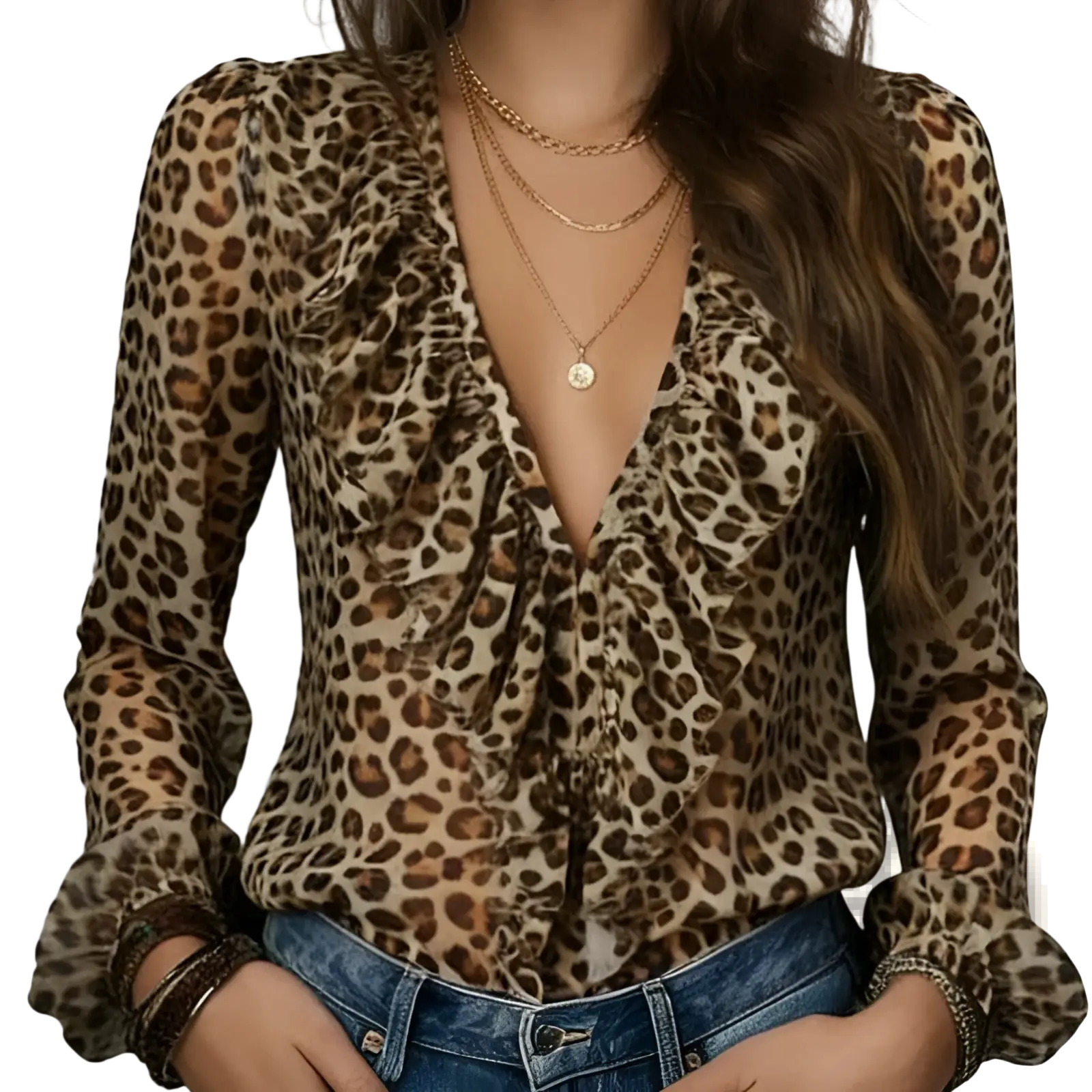 Leopard print ruffled v-neck blouse with long sleeves and ruffled detailing in a stylish leopard pattern