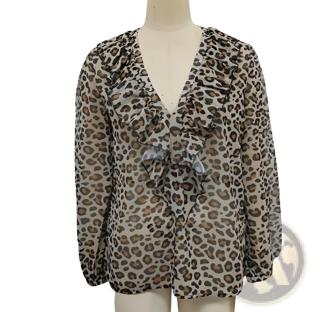 A sheer long-sleeved leopard print blouse with ruffled v-neckline in lightweight fabric for stylish wear