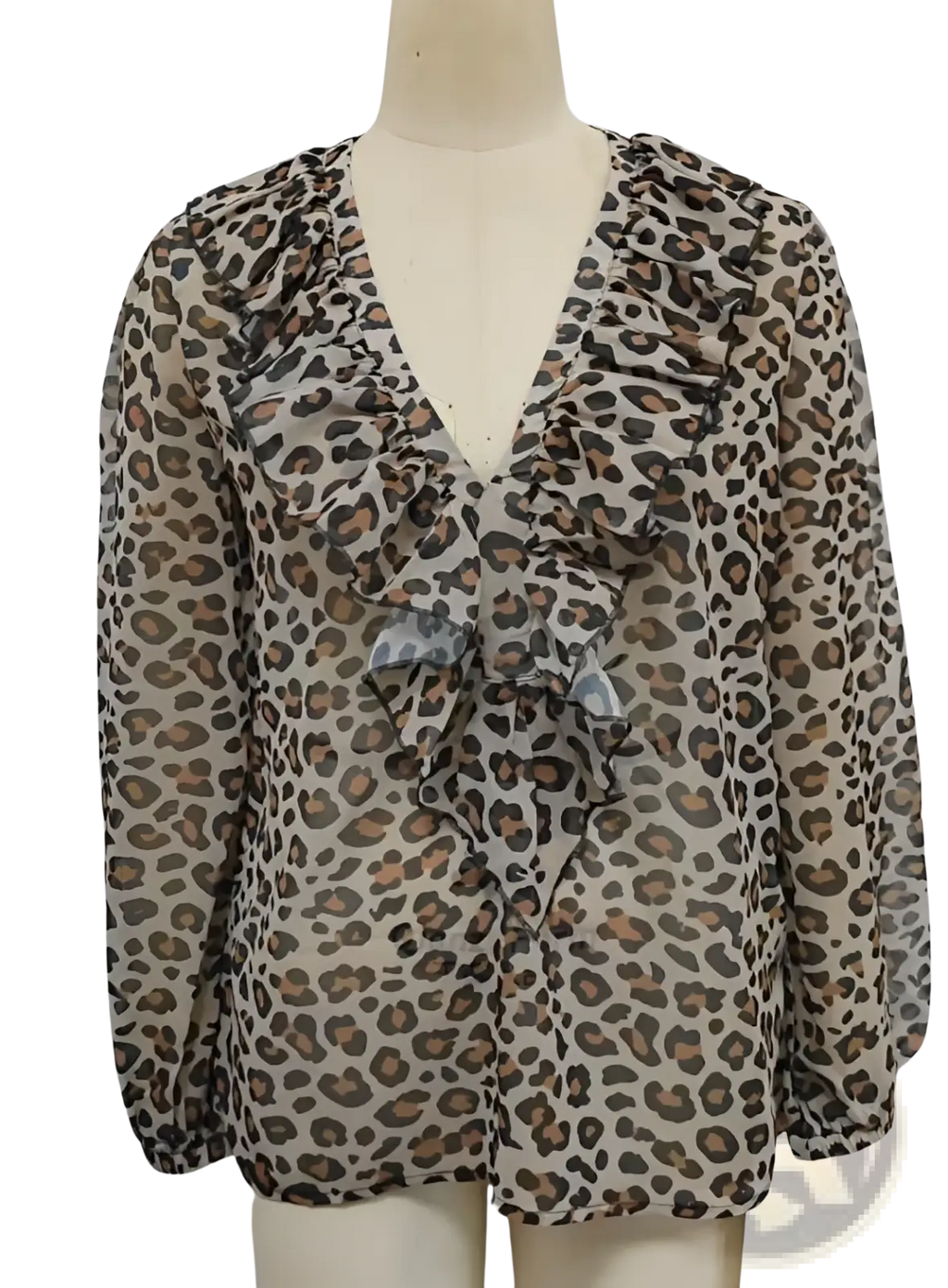 Sheer leopard print ruffled v-neck blouse in brown and black with long sleeves and delicate ruffle detailing