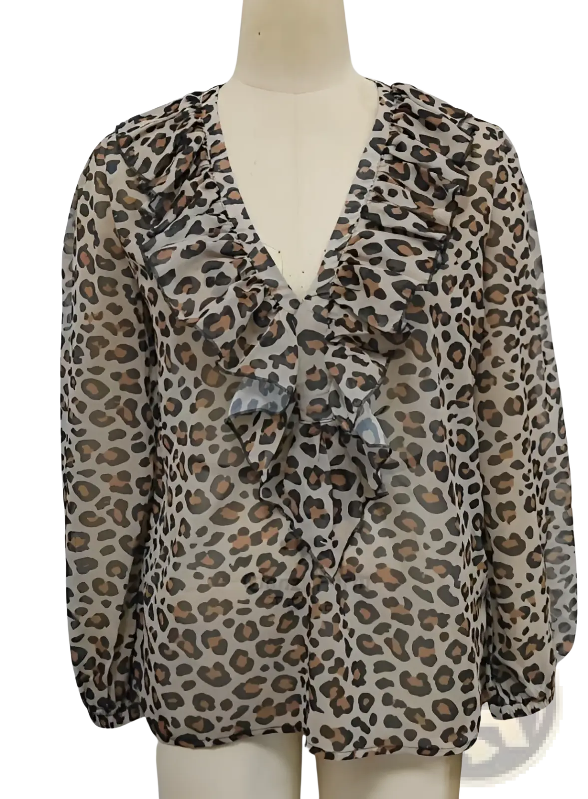 Sheer leopard print ruffled v-neck blouse in brown and black with long sleeves and delicate ruffle detailing