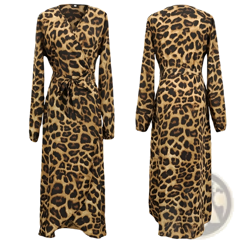 A leopard print v neck long sleeve chiffon wrap dress with tan and black spots in a classic wrap style