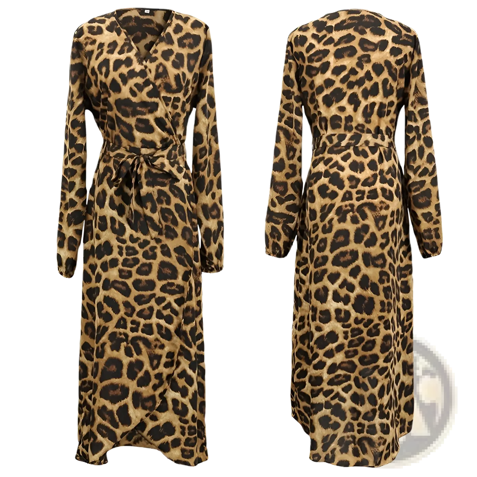 A leopard print v neck long sleeve chiffon wrap dress with tan and black spots in a classic wrap style
