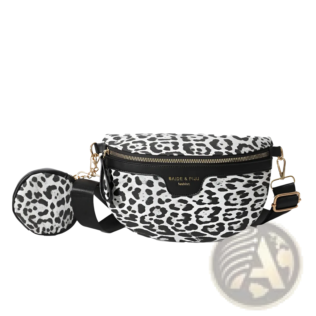 Black and white leopard print waist bag with matching coin pouch leather trim and gold-tone baide and pinu fashion hardware