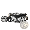 Black and white leopard print waist bag with matching coin pouch leather trim and gold-tone baide and pinu fashion hardware