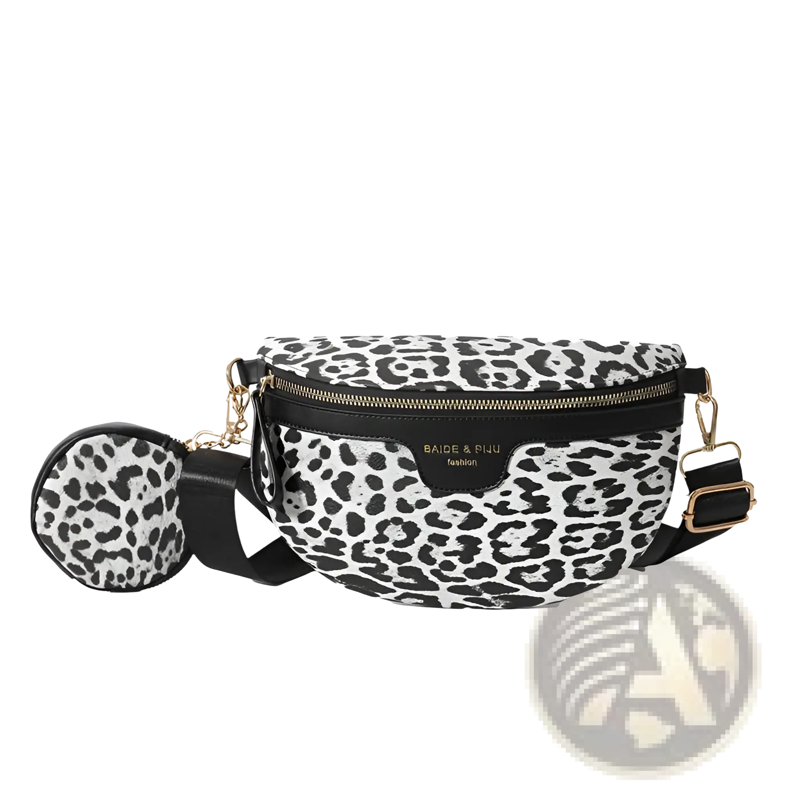 Black and white leopard print waist bag with matching coin pouch leather trim and gold-tone baide and pinu fashion hardware