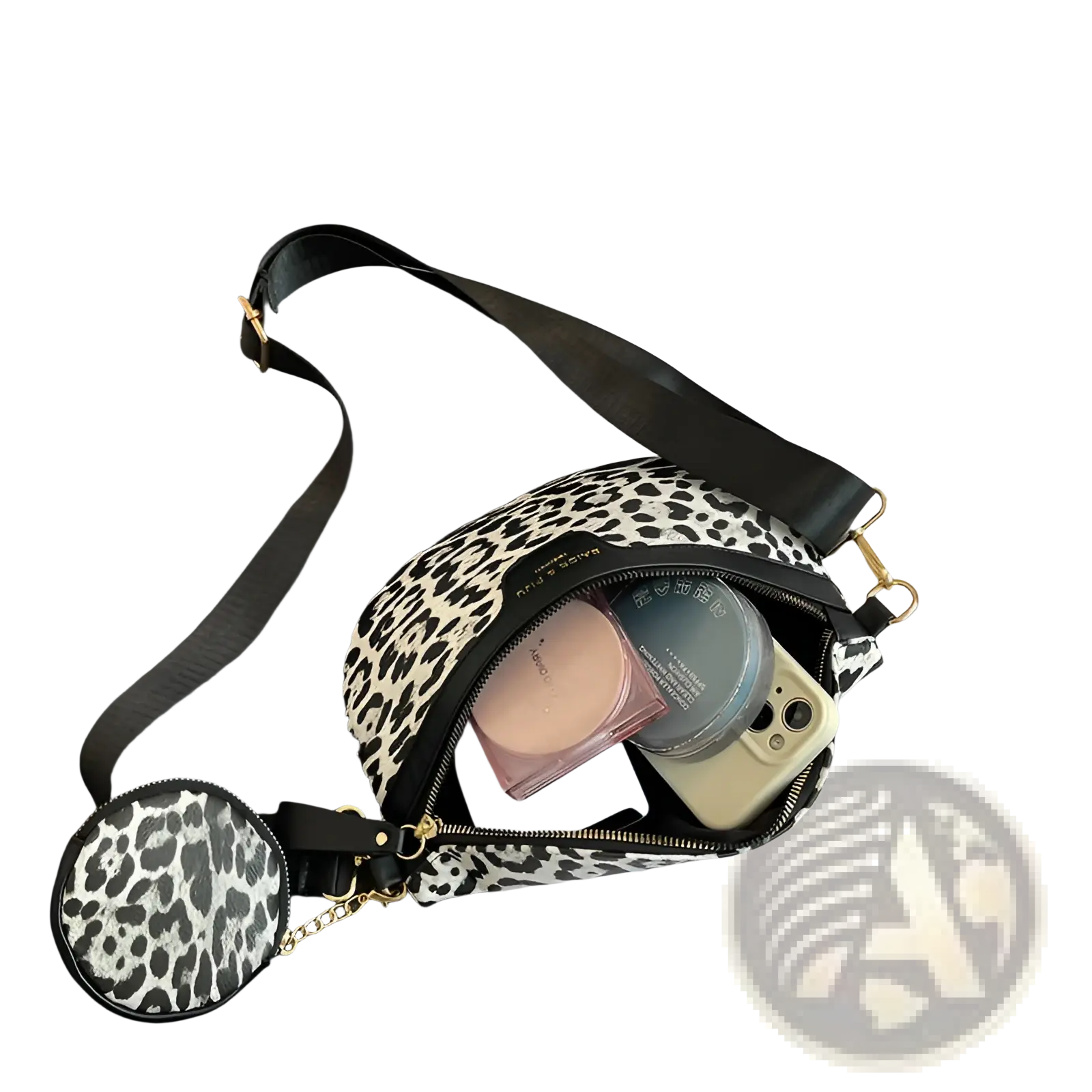 Leopard print waist bag with black and white crossbody design leather trim and matching circular coin pouch charm