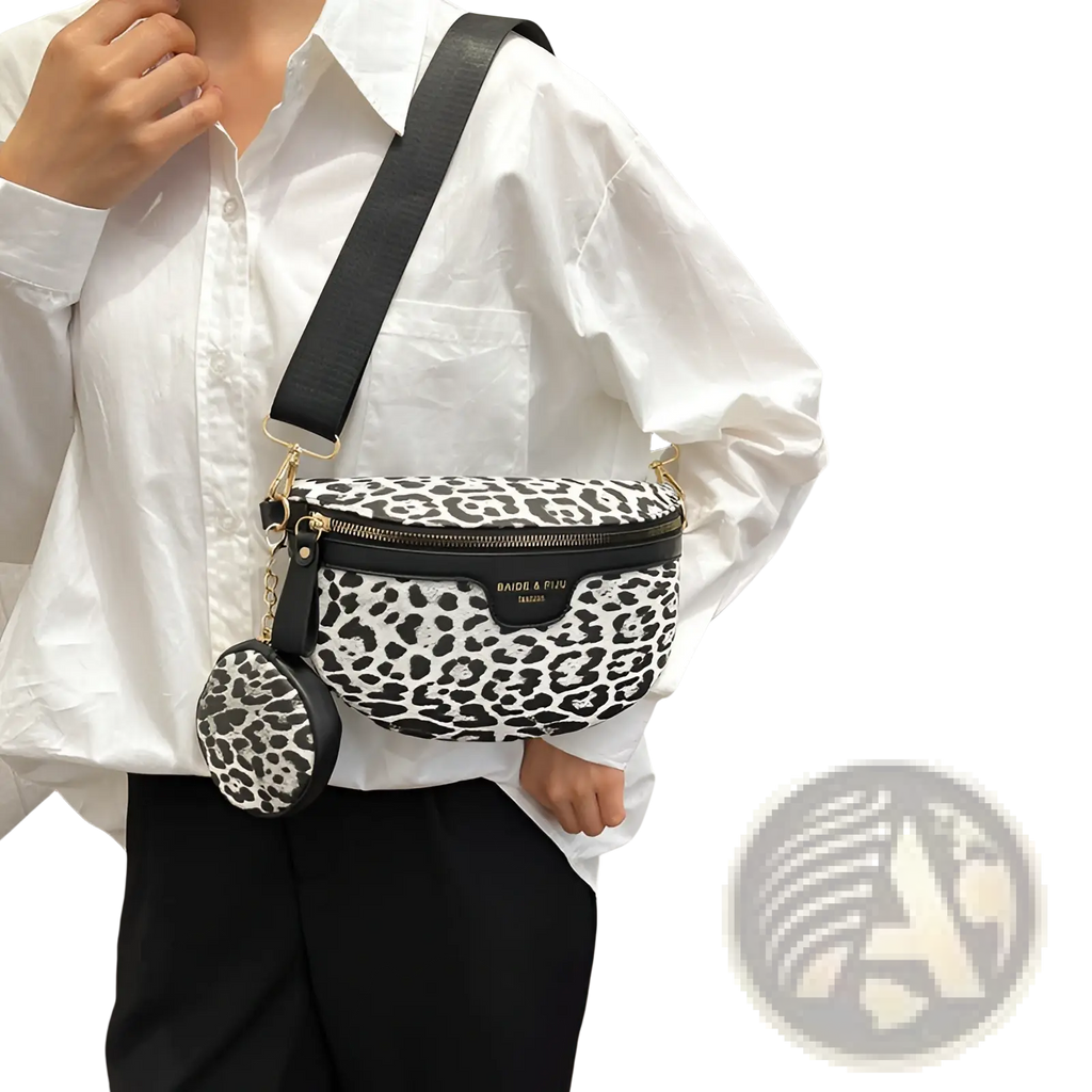 Black and white leopard print waist bag with matching coin pouch and leather trim for stylish hands-free use