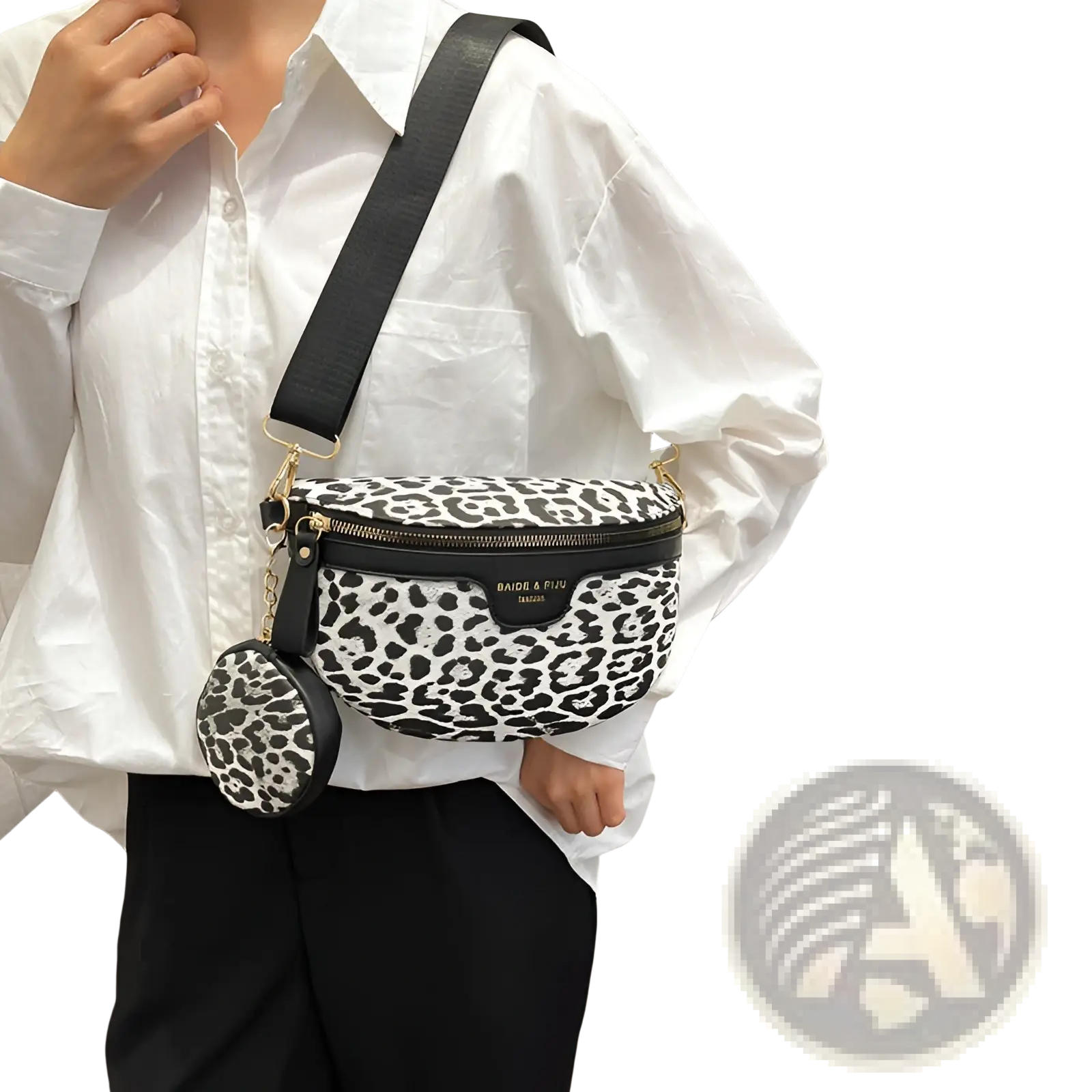 Black and white leopard print waist bag with matching coin pouch and leather trim for stylish hands-free use