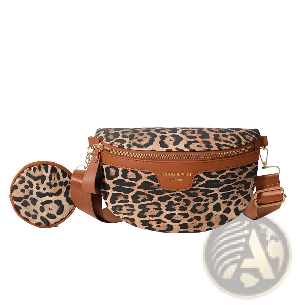 Leopard print waist bag with brown leather trim and matching circular coin pouch in a stylish animal pattern