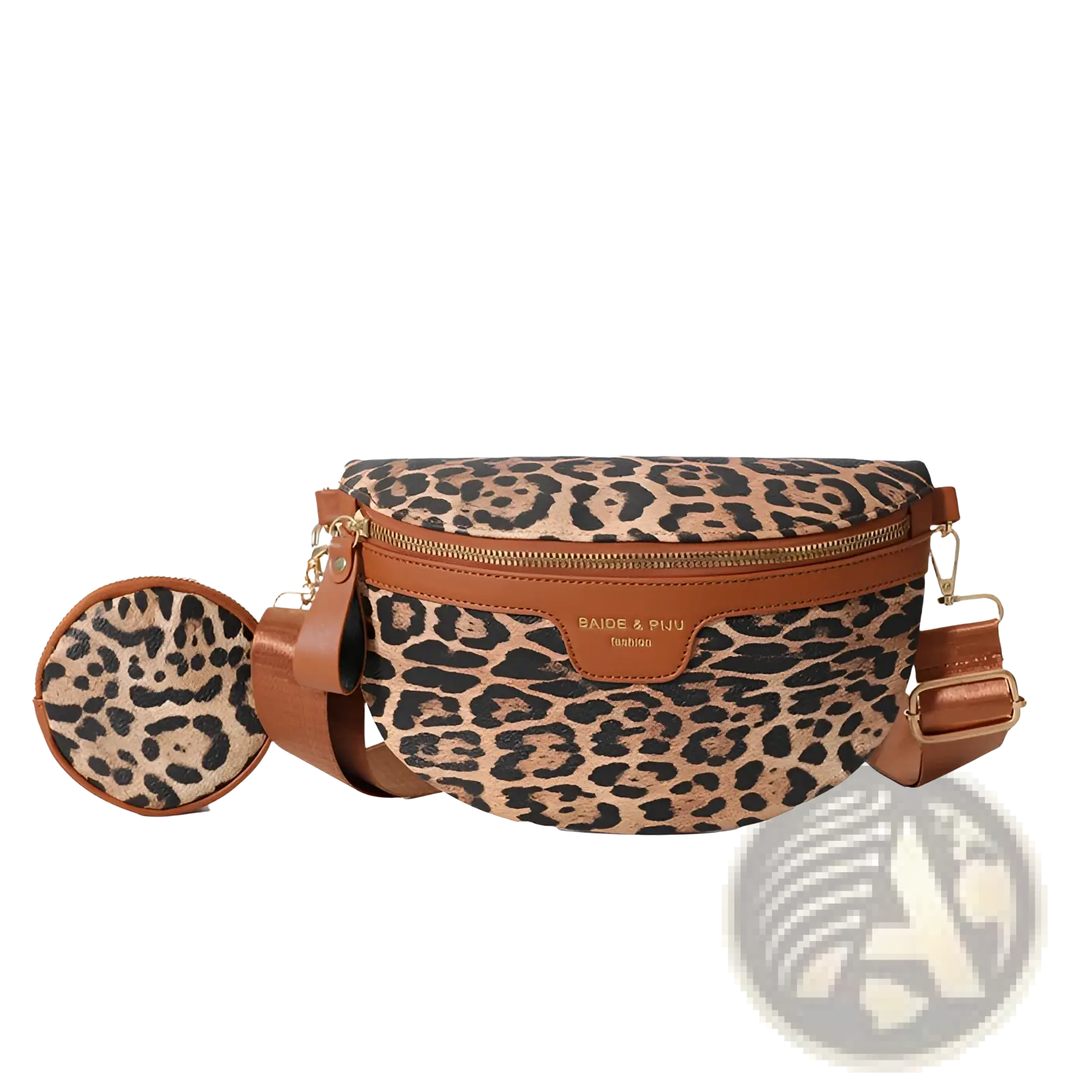Leopard print waist bag with brown leather trim and matching circular coin pouch in a stylish animal pattern