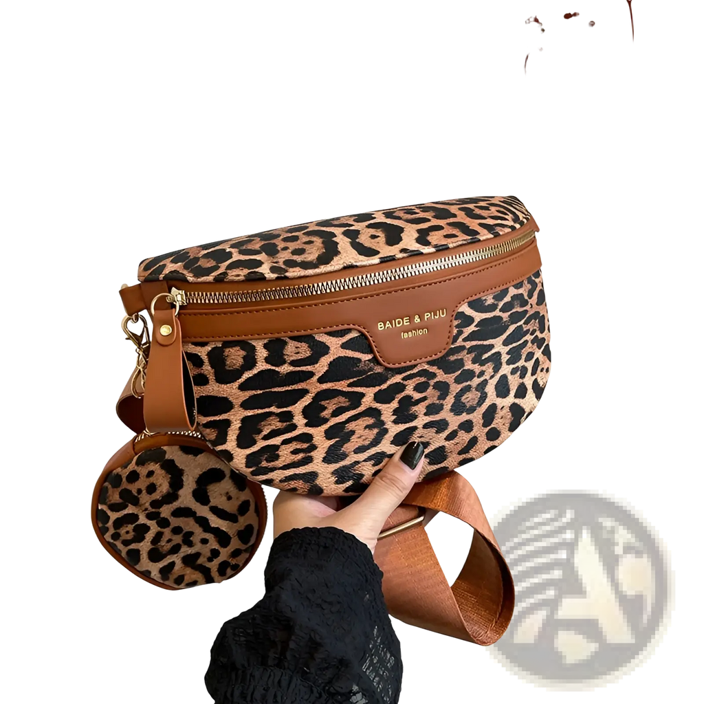 Leopard print waist bag with tan leather trim and matching circular coin pouch for stylish carrying