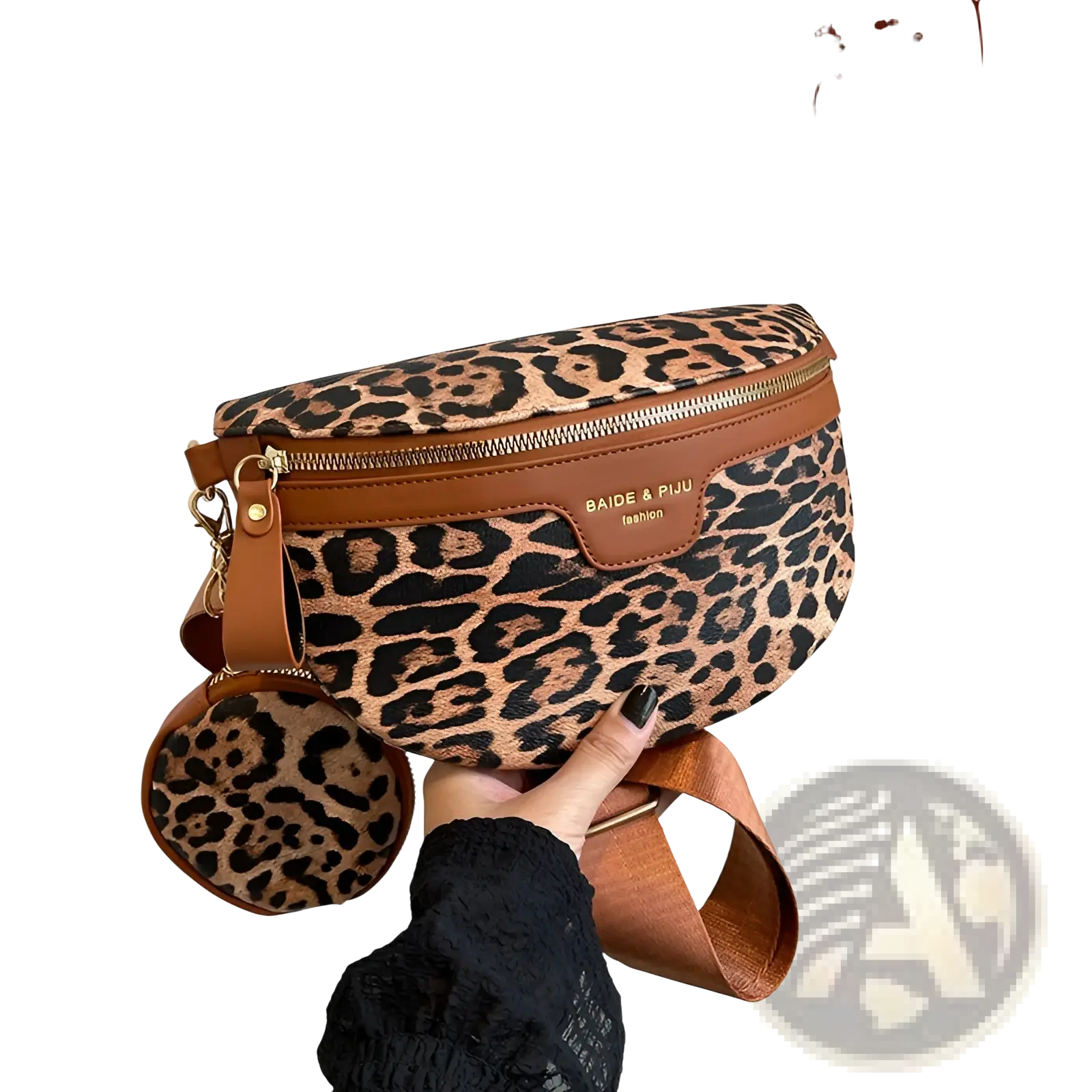 Leopard print waist bag with tan leather trim and matching circular coin pouch for stylish carrying