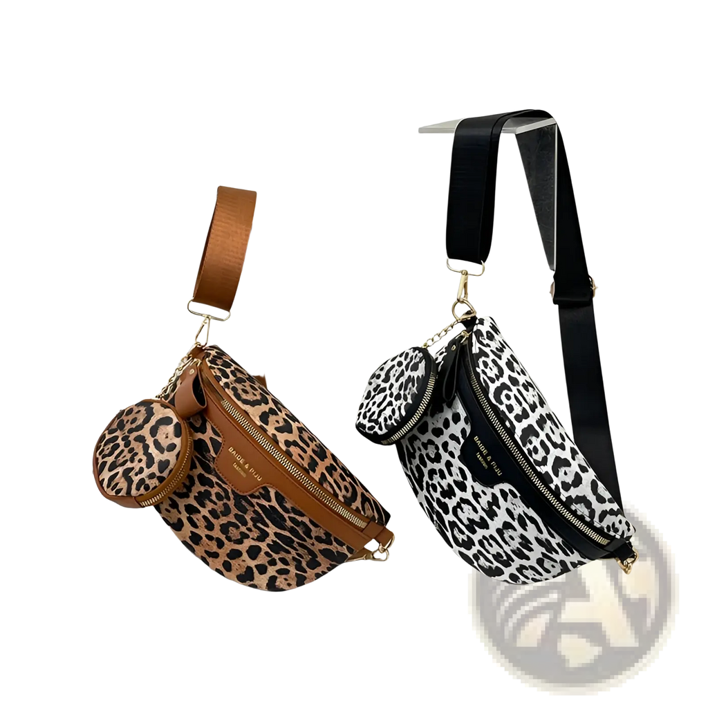 Two leopard print waist bags with coin pouch featuring tan black and black white patterns with leather trim and adjustable straps