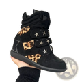 Black suede high-top sneaker wedge ankle boots with leopard print panels and silver star studs on velcro straps