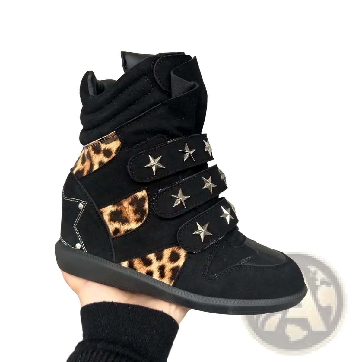 Leopard print wedge ankle boots in black with silver star studded velcro straps and leopard print accents