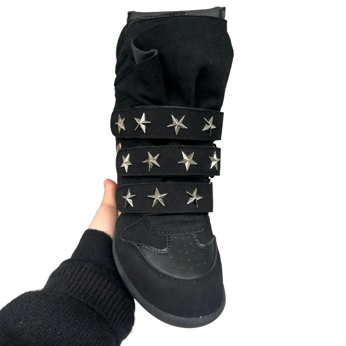 Black suede leopard print wedge ankle boot with three silver star-studded straps for stylish wear