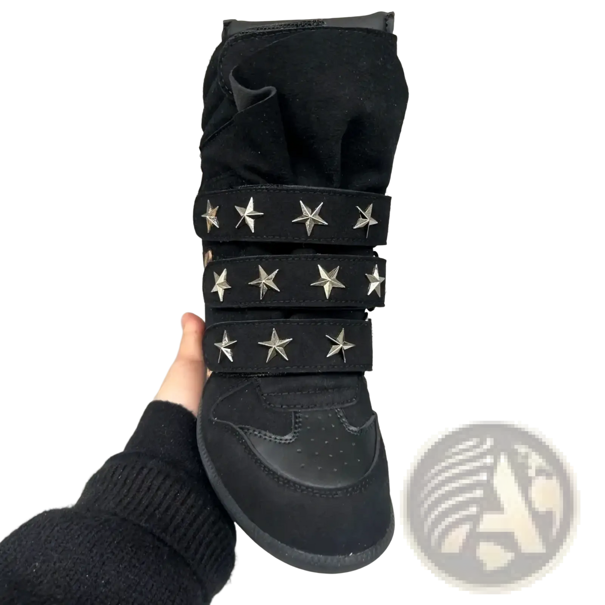 Black suede leopard print wedge ankle boot with three silver star-studded straps for stylish wear