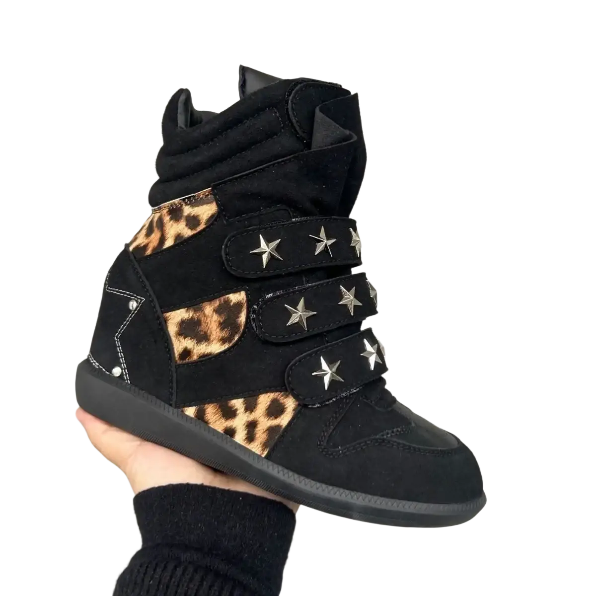 Black suede high-top sneaker wedge ankle boots with leopard print panels and silver star studs on velcro straps