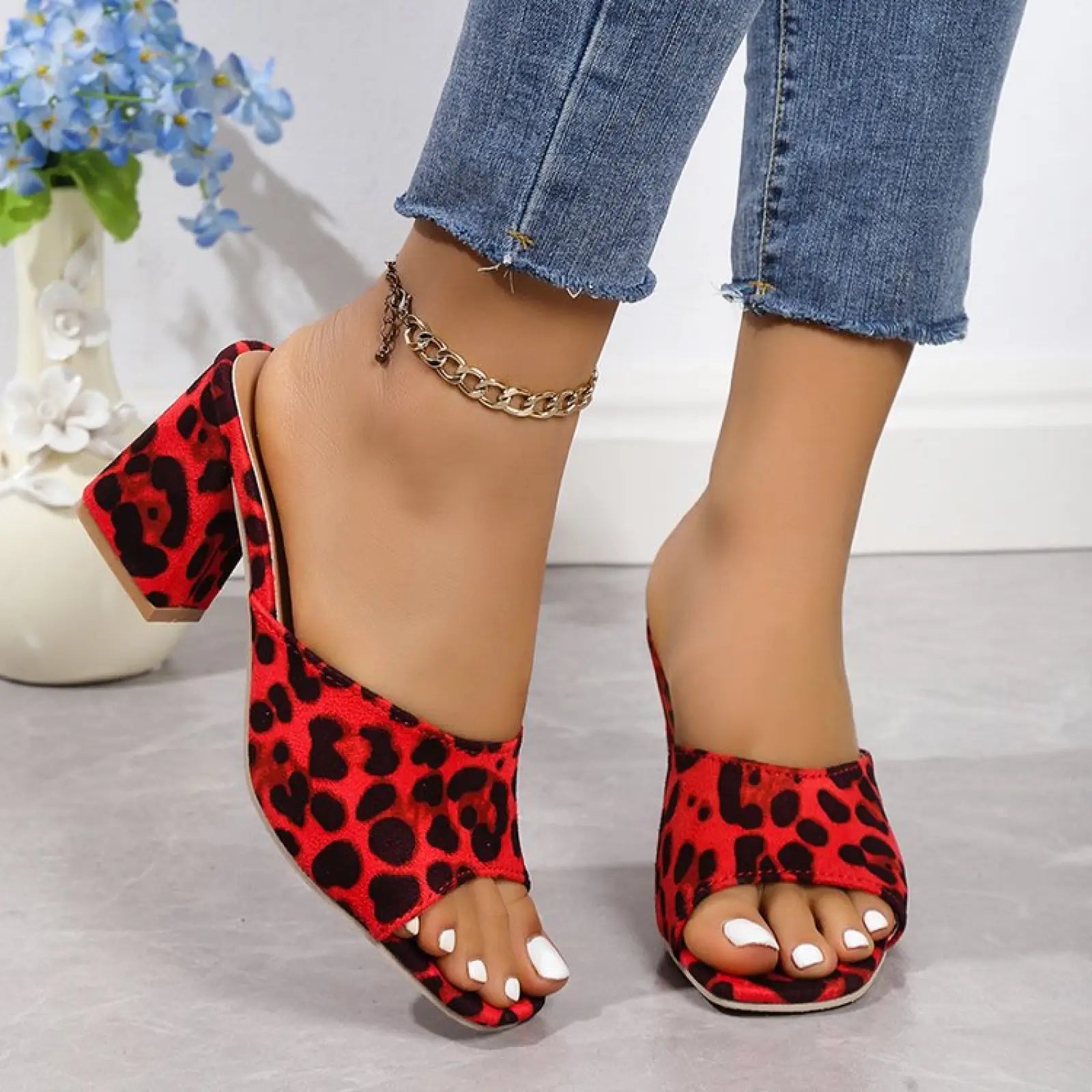 Leopard square toe chunky heel sandals featuring red leopard-print mule design with block heel and open toe