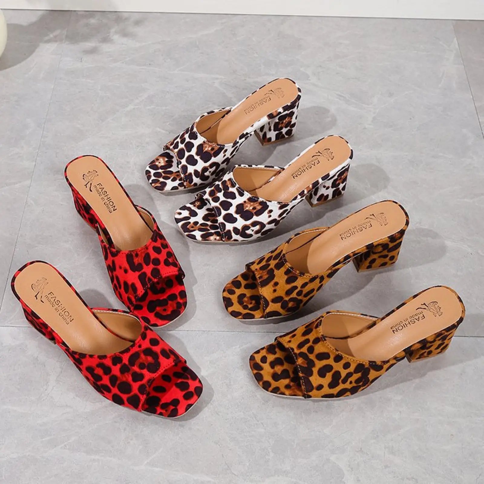 Leopard square toe chunky heel mule sandals in red white and tan with leopard print and block heels